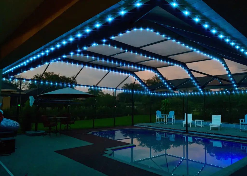hanging string lights on pool cage